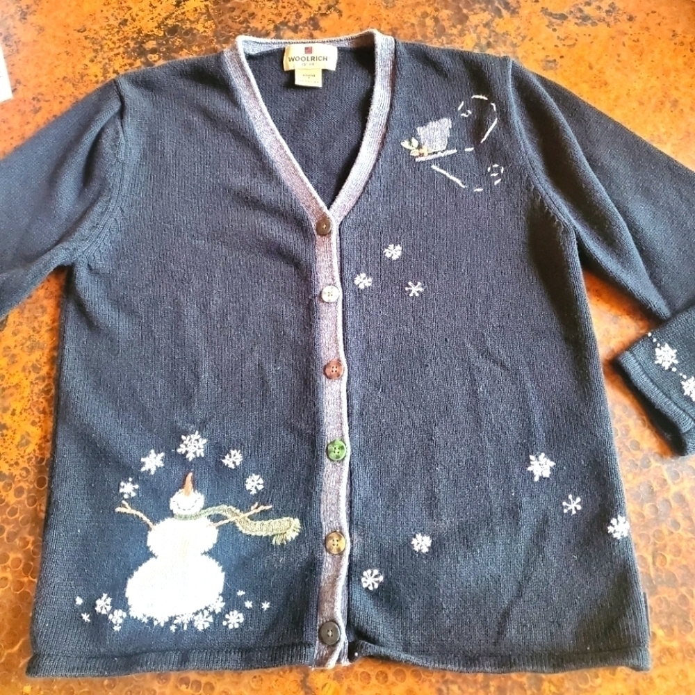 Woolrich Embellished Snowman Wool Black Long Sleeve Sz. S Sweater Cardigan